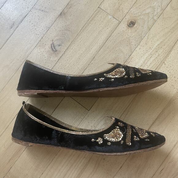 Vintage‎ Handmade Jutti Shoes Womens Size 7.5 Black Gold Beaded Pakistan Velvet - Picture 11 of 12